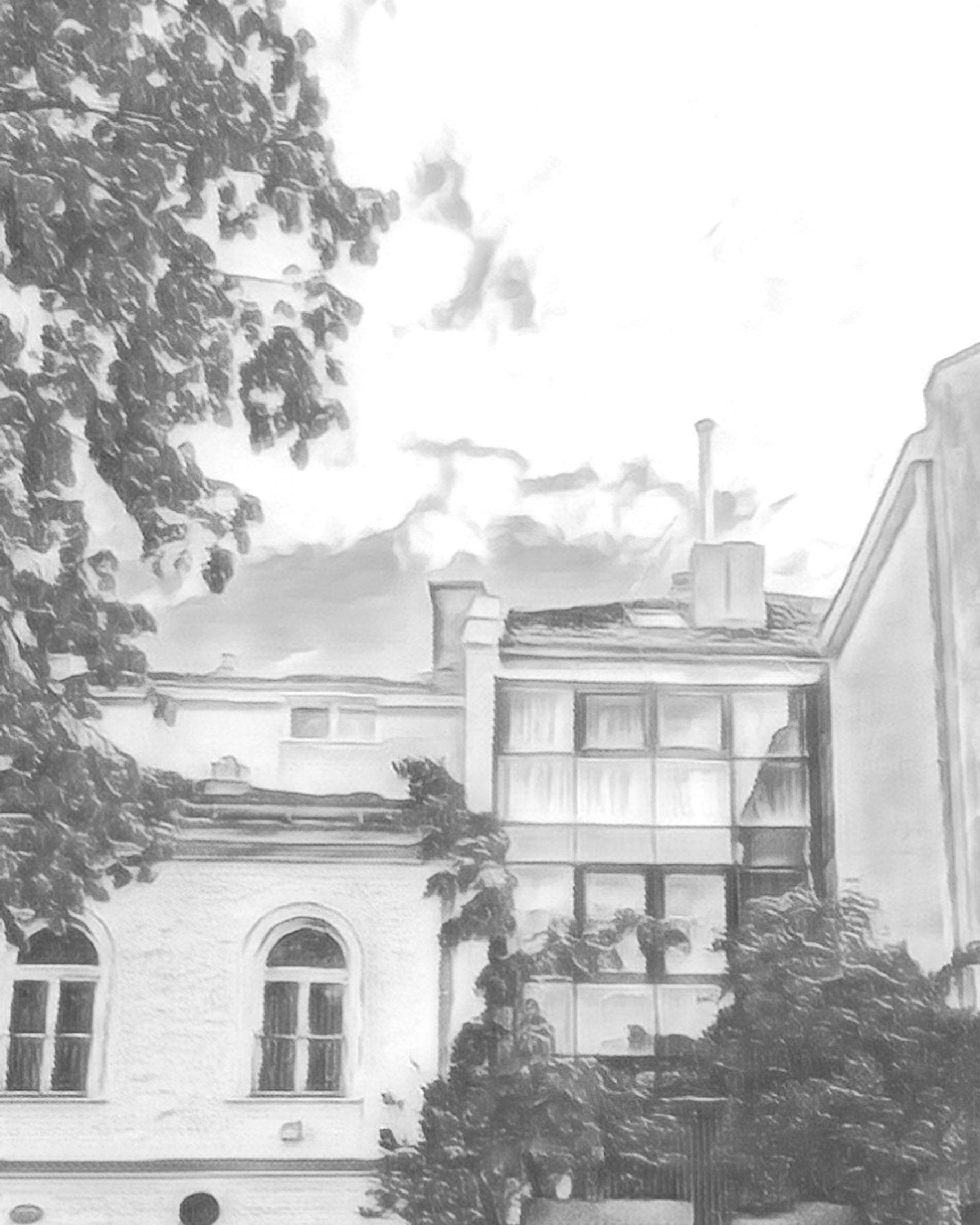 Gründerzeithaus mit begrünter Fassade, künstlerisch verfremdete Aufnahme